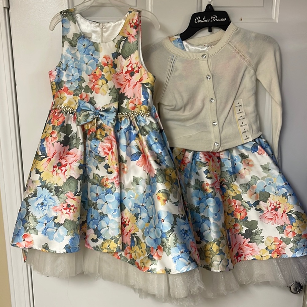 Matching flowered fancy dresses with coordinating cardigans